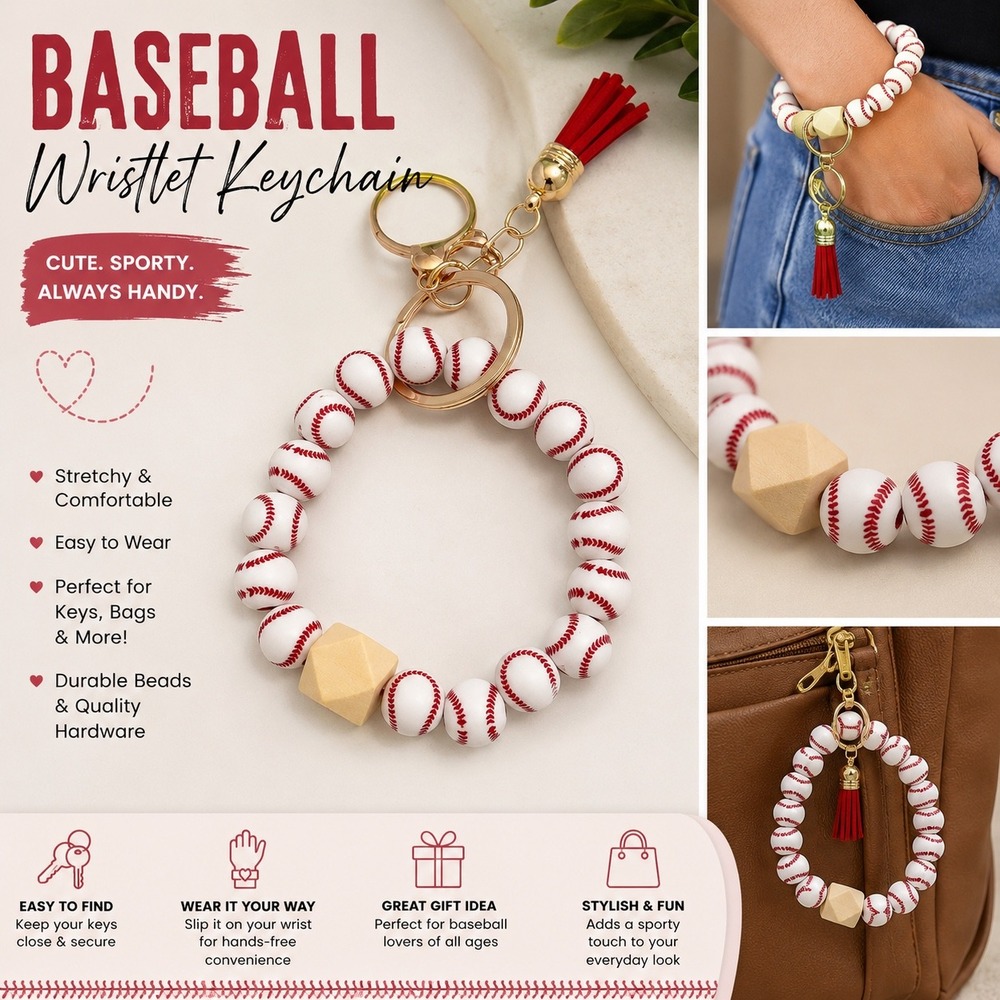Baseball Stretchy Wristlet Keychain Silicone Bead Tassel Key Ring Sporty White